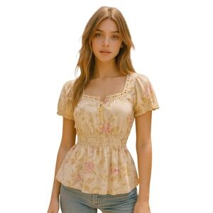 Womens Cottagecore‎ Floral Peasant Top Puff Sleeve Smocked Waist Lace Trim Shirt